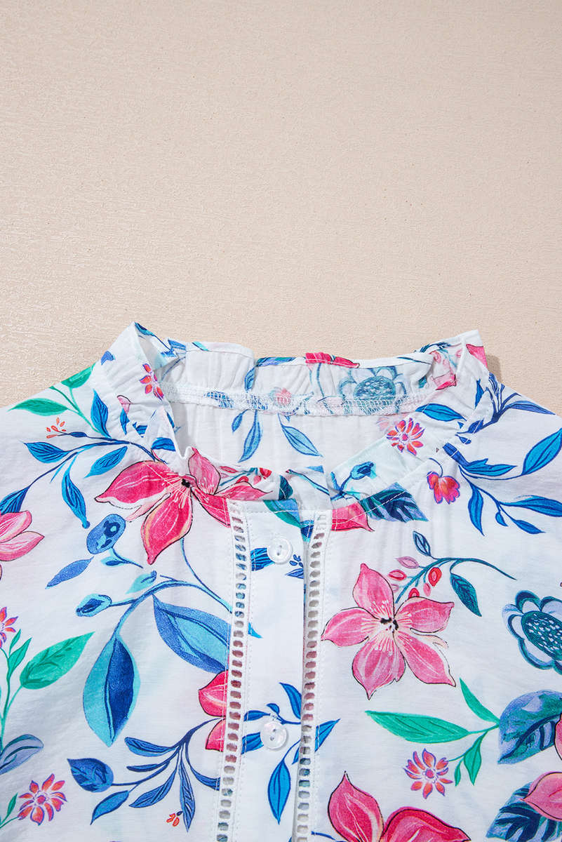 Pink Floral Print Lace Detail Button-up Long Sleeve Shirt
