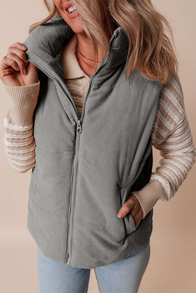 Gray Corduroy Stand Neck Zipped Puffer Vest