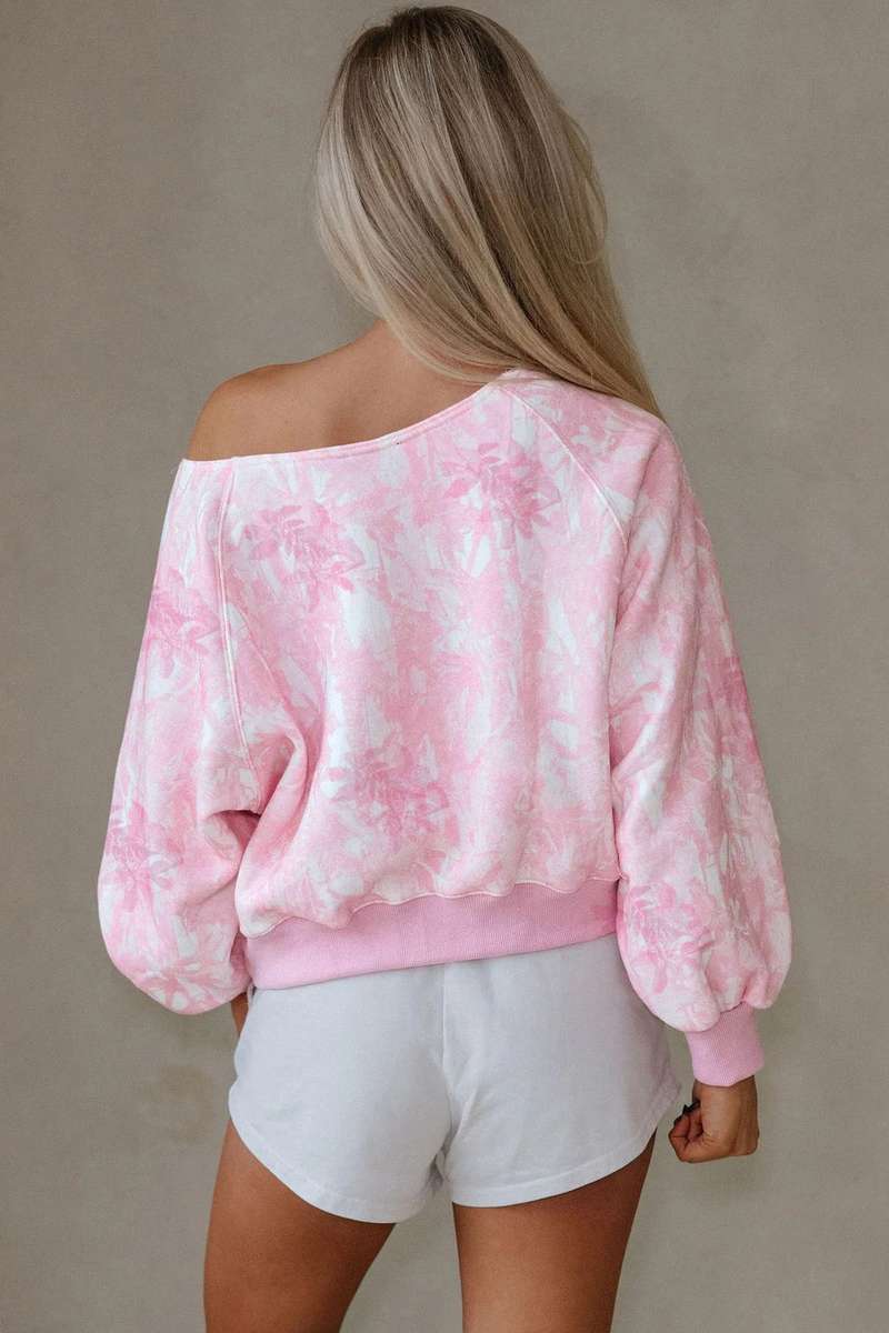 Pink Abstract Woodland Print Asymmetric Shoulder Long Sleeve Top