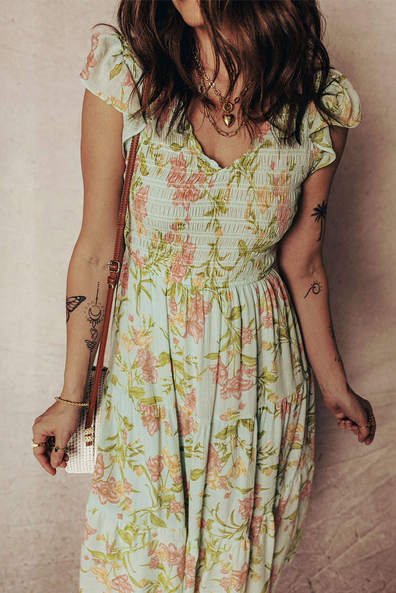 Yellow Smocked Bodice Ruffled Sleeveless Tiered Floral Maxi Dress