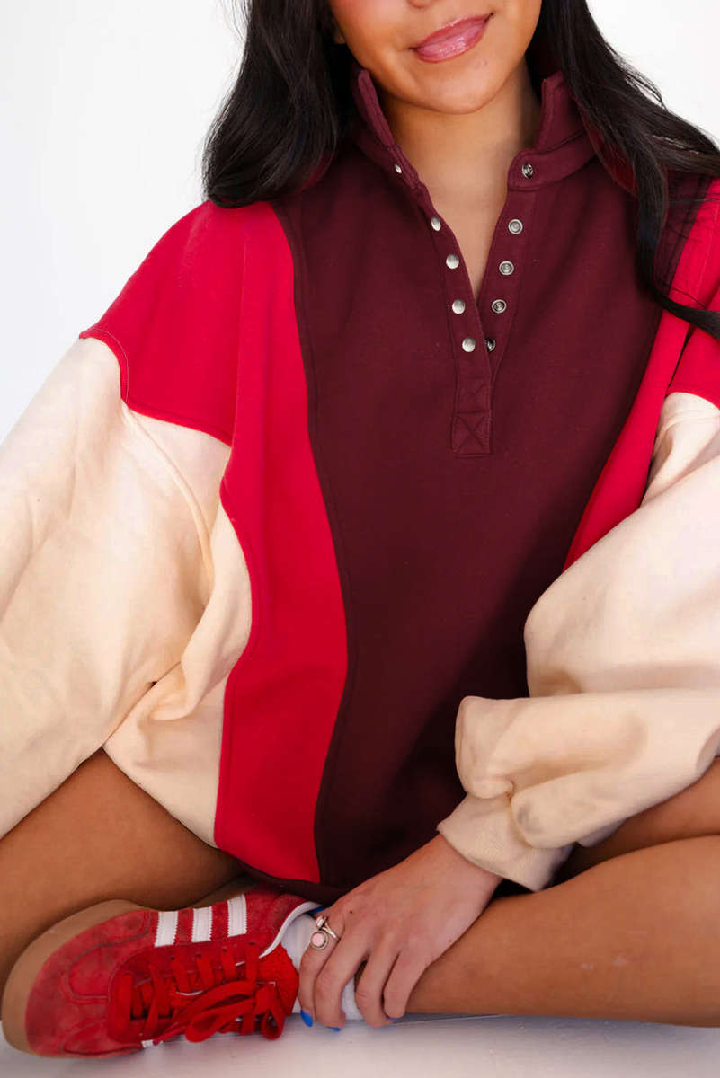 Fiery Red Color Block Patchwork Snap Button Polo Sweatshirt