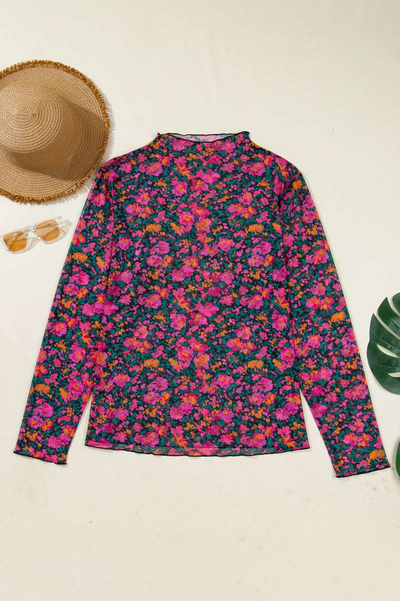 Rose Plus Size Vintage Floral Print Mesh Long Sleeve Top