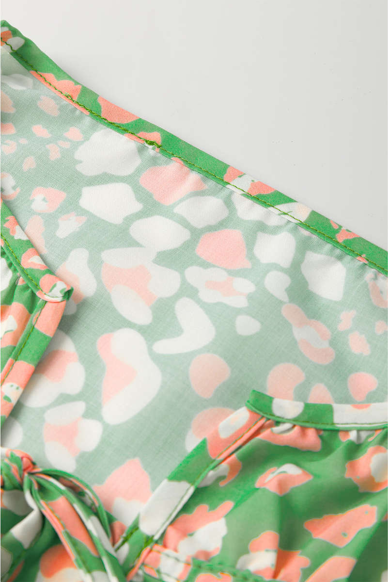 Green Abstract Leopard Tied Front Flutter Sleeve Blouse