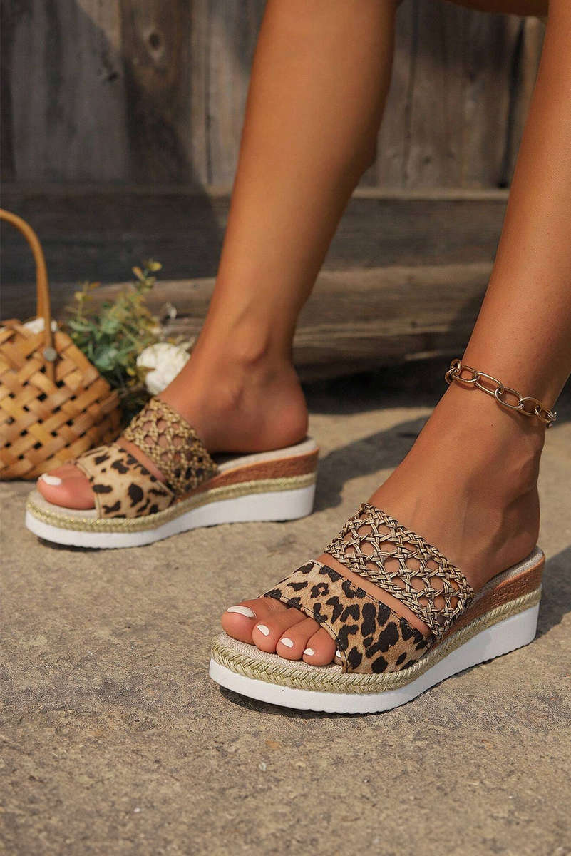 Chestnut Leopard Print Braided Details Wedge Slippers