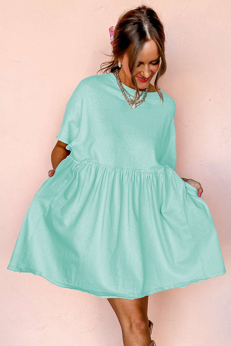 Moonlight Jade Solid Color Pocketed Raw Edge Babydoll Dress
