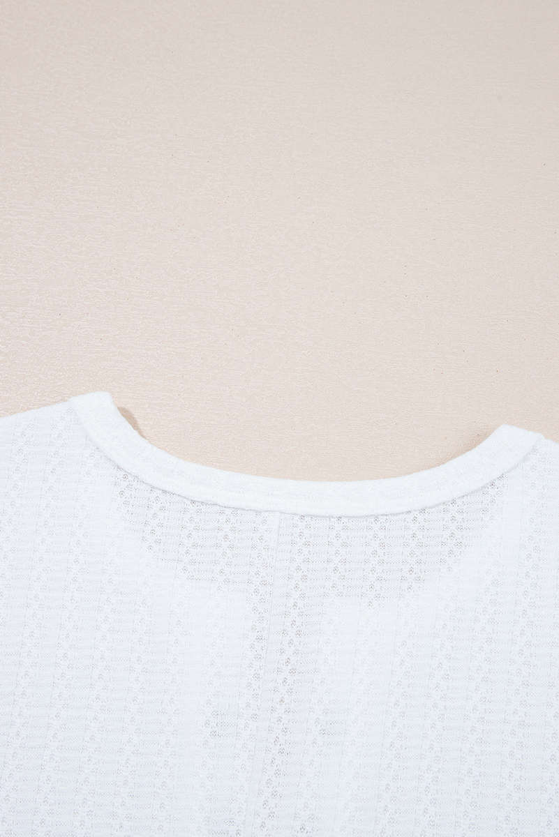 White Textured Hollow Grommet Placket Split Neck Short Sleeve Top