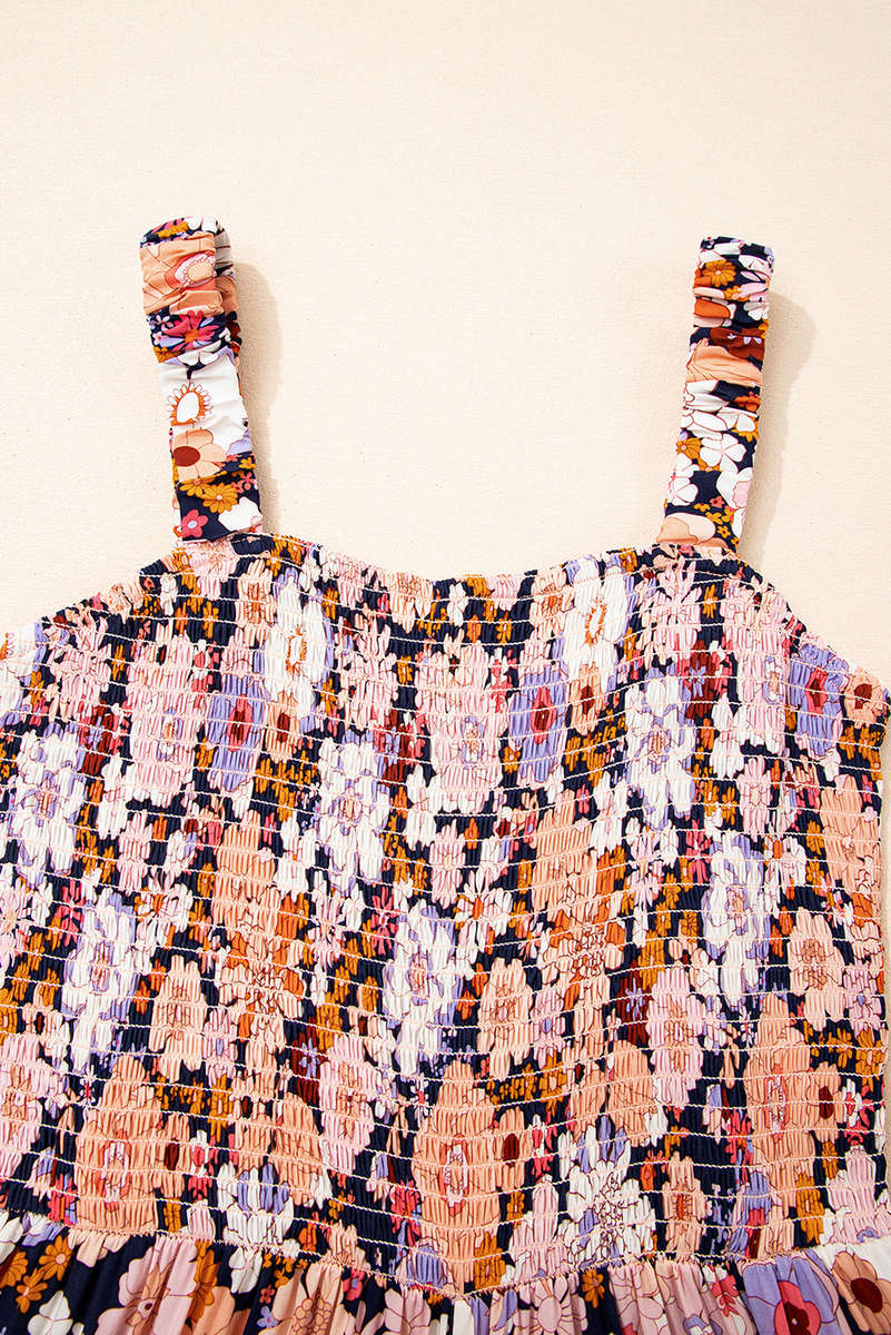 Black Floral Print Smocked High Waist Square Neck Jumpsuit