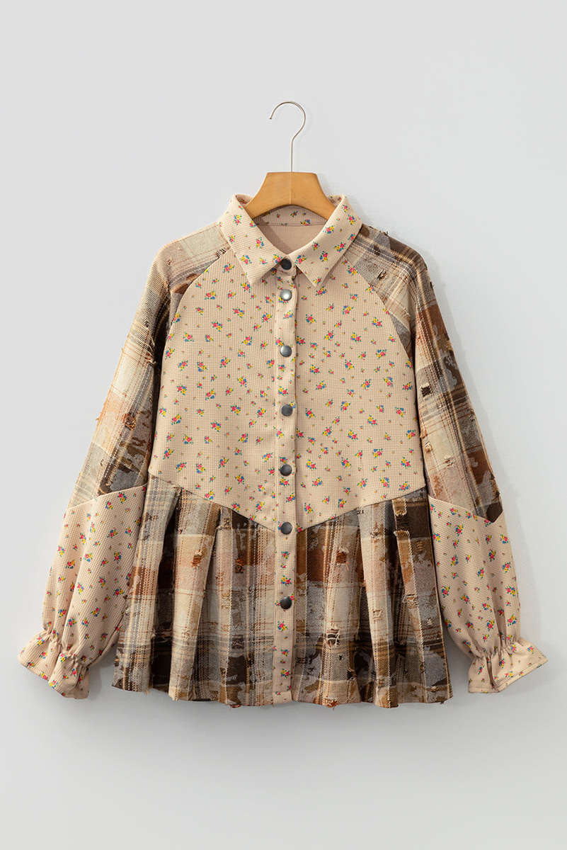 Oatmeal Boho Floral Plaid Patchwork Distressed Detail Ruffled Sleeve Waffle Knit Shacket