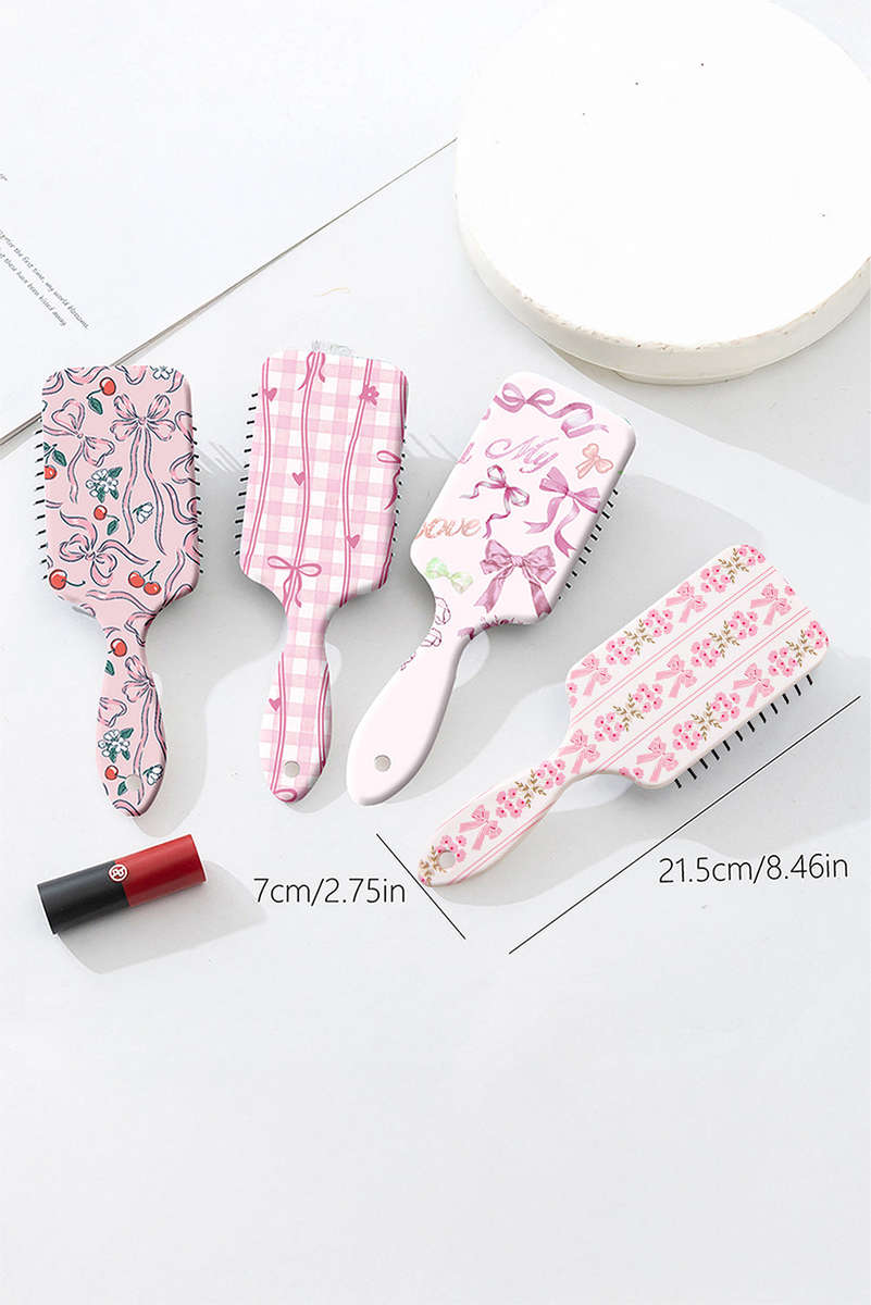 Pink Floral Bow Print Long Handle Air Cushion Comb