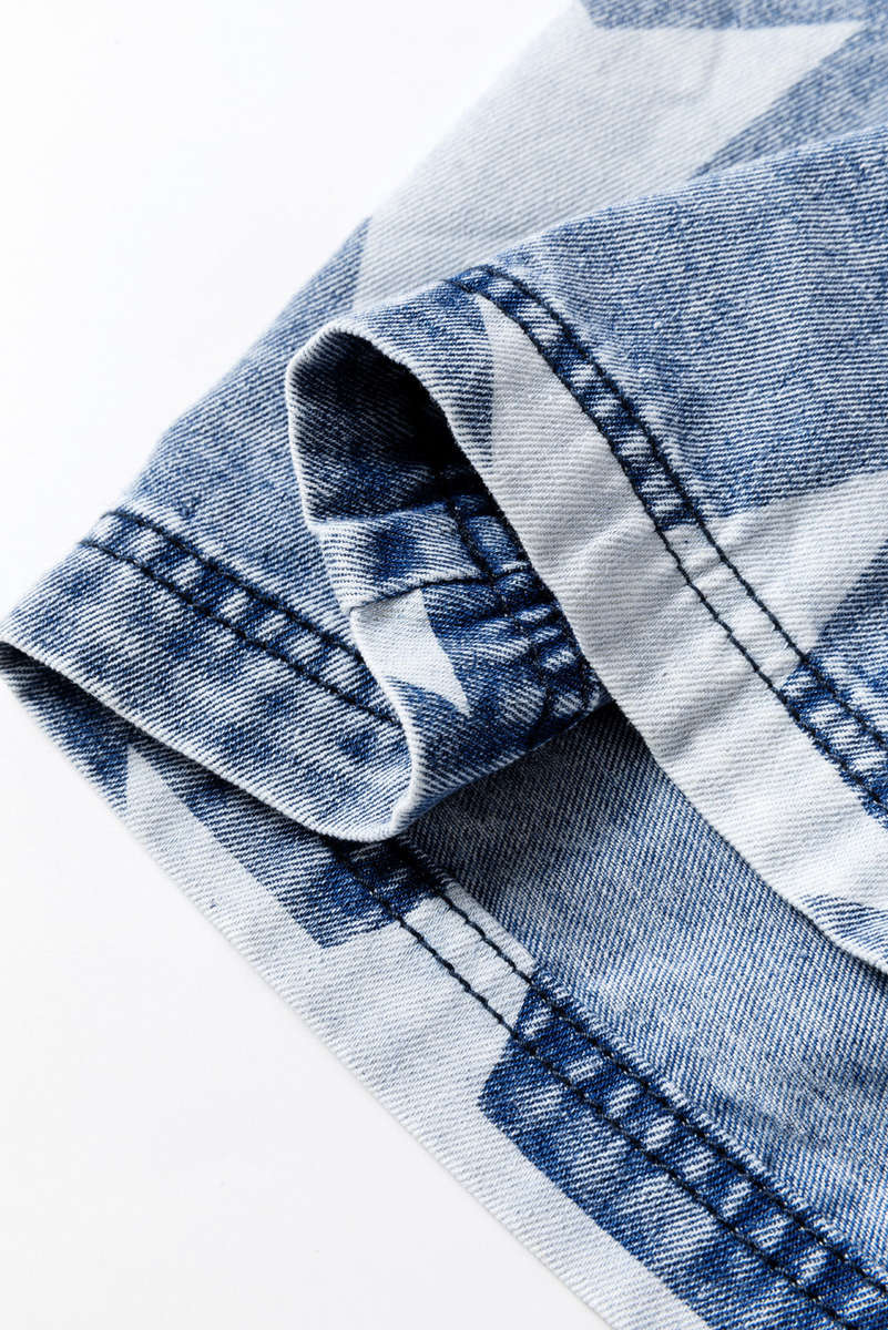 Light Blue Star Print Light Wash Drawstring Elastic Waistband Wide Leg Jeans