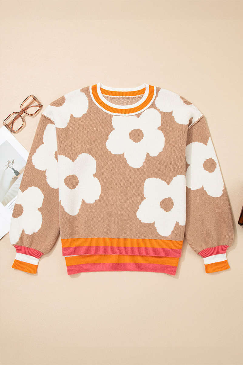 Smoke Gray Big Flower Pattern Contrast Striped Baggy Sweater