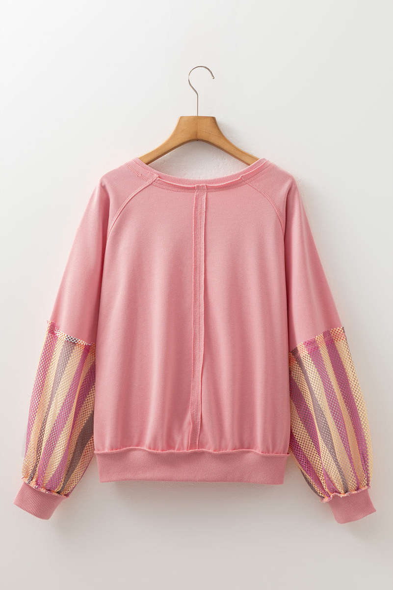 Blossom Striped Mesh Sleeve Patchwork Exposed Seam Casual Pullover Top