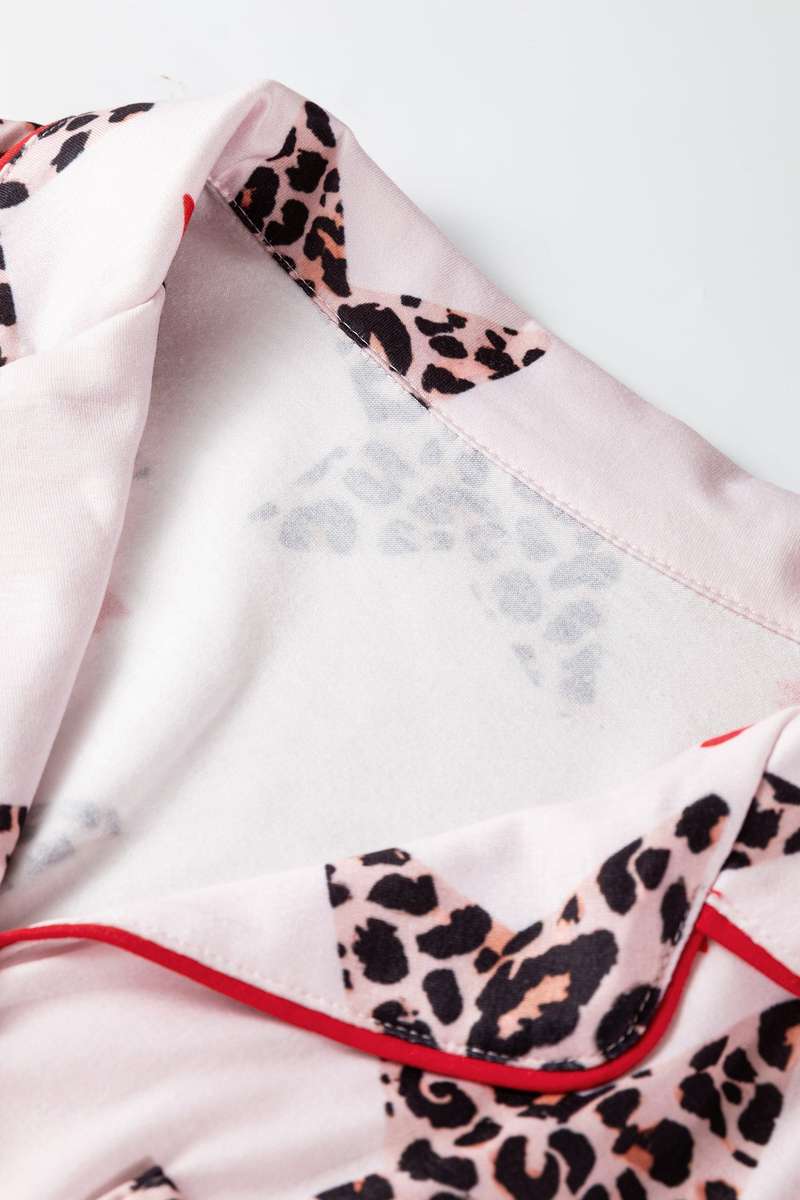 White Leopard Star Ribbon Bow Print Contrast Trim Short Pajama Set