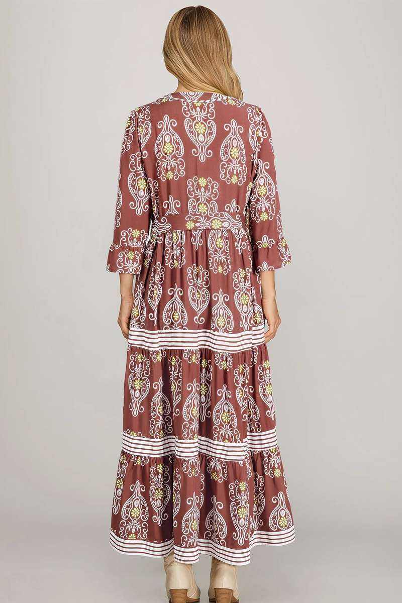 Brown Floral Print Belted Striped Trim Tiered Maxi Dress