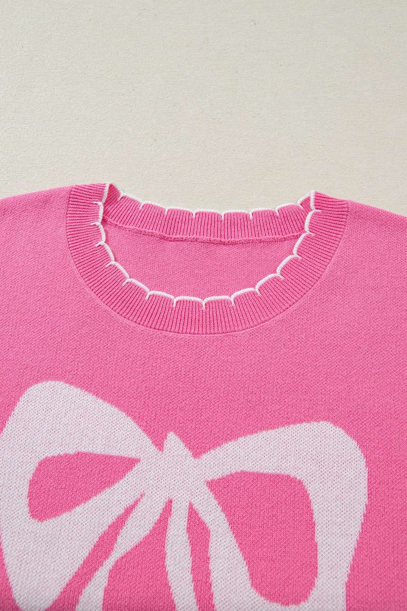 Sachet Pink Big Ribbon Bow Print Contrast Stitch Trim Drop Shoulder Sweater