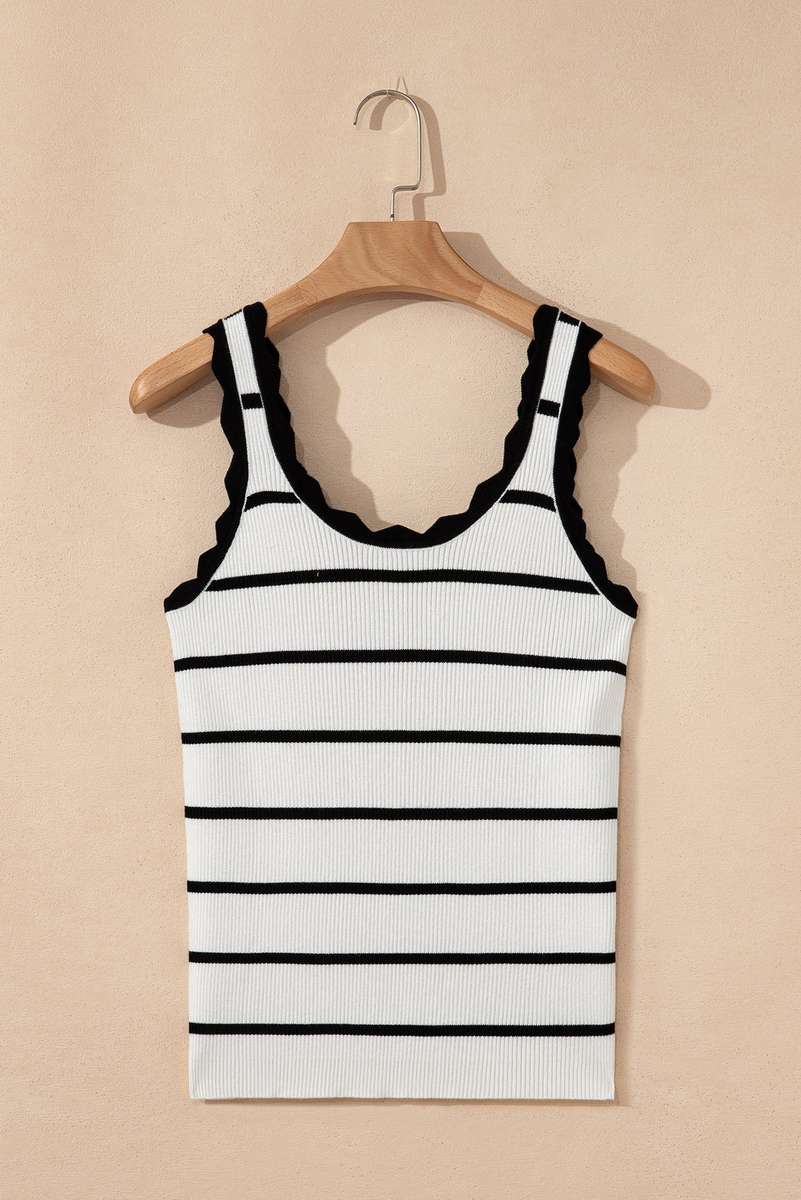 Black Striped Scalloped Edge U Neck Sleeveless Sweater Vest