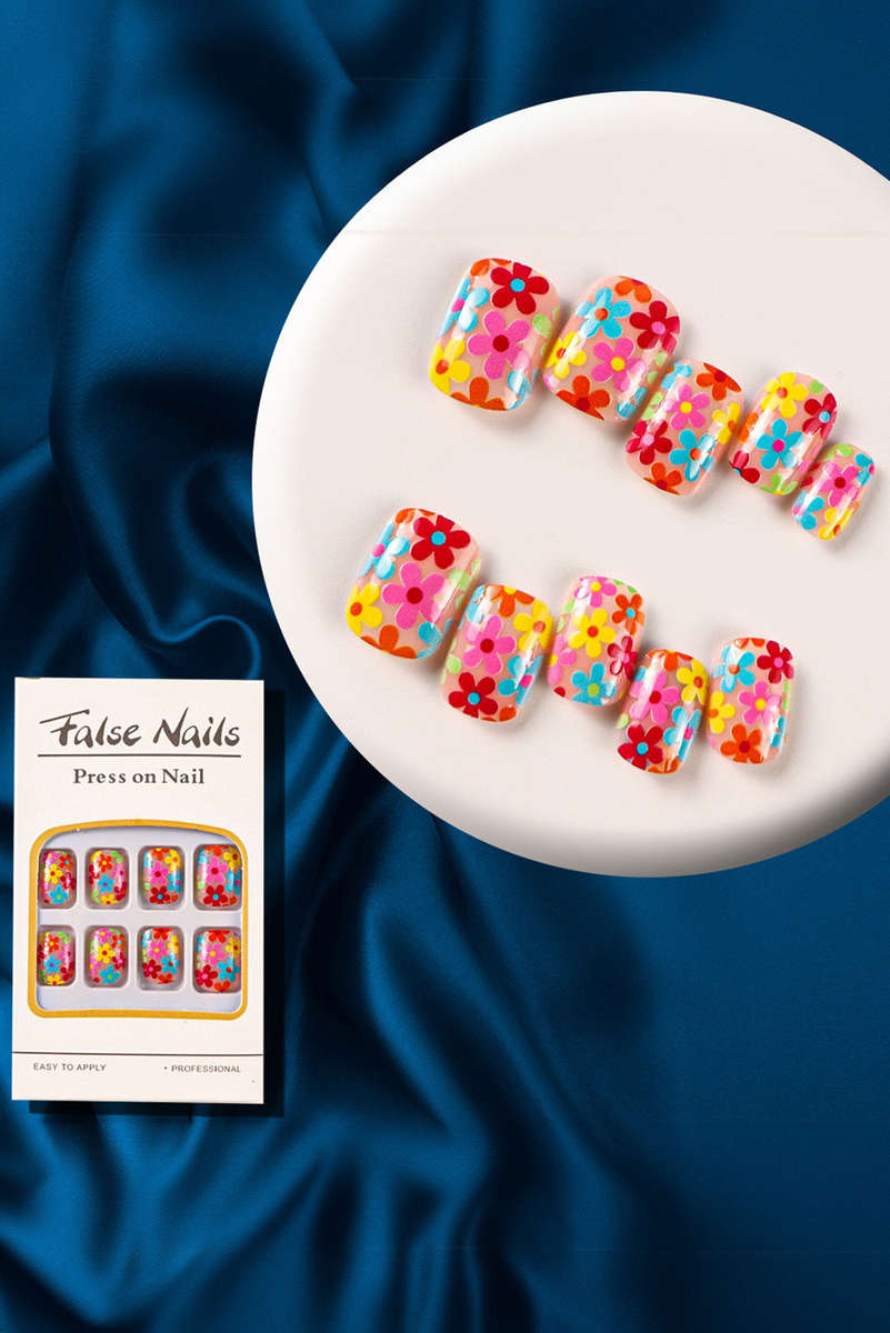 Pink Cute Flowers Print Press On False Nails
