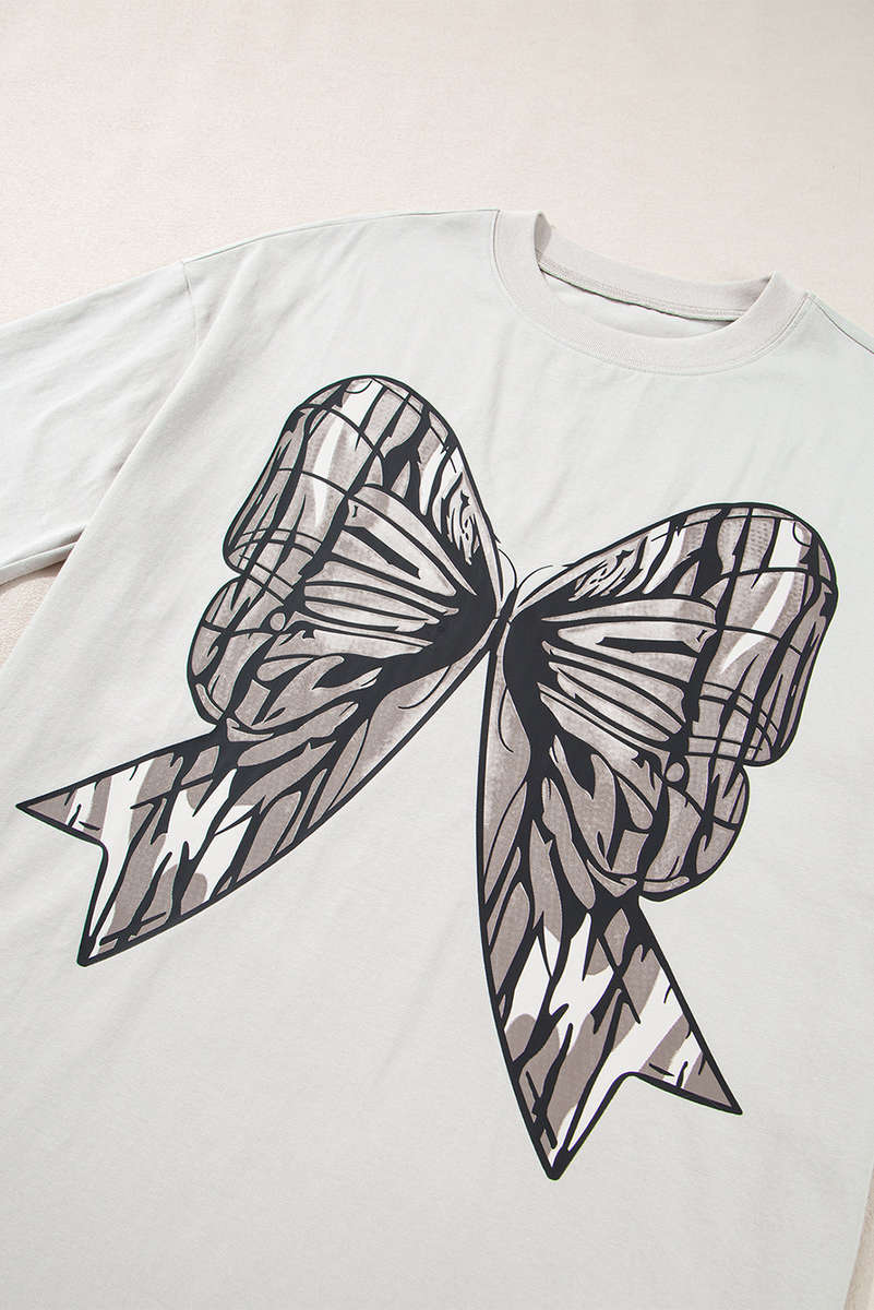 Casual Oversize Big Bow Printed Drop Shoulder Tunic Casual Tee