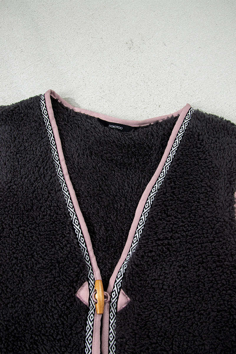 Dark Grey Sherpa Contrast Trim Patch Pocket Cartridge Toggle Button Vest