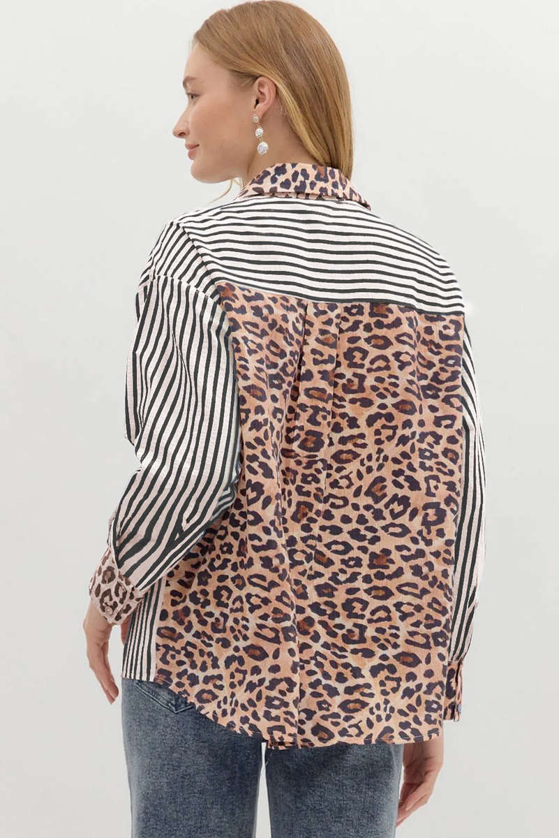 Black Striped Leopard Print Patchwork Button Up Womens Shirt