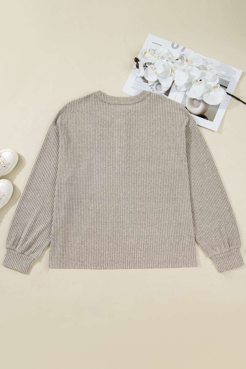 Simply Taupe Plus Size Ribbed Knit Kangaroo Pocket Henley Long Sleeve Top
