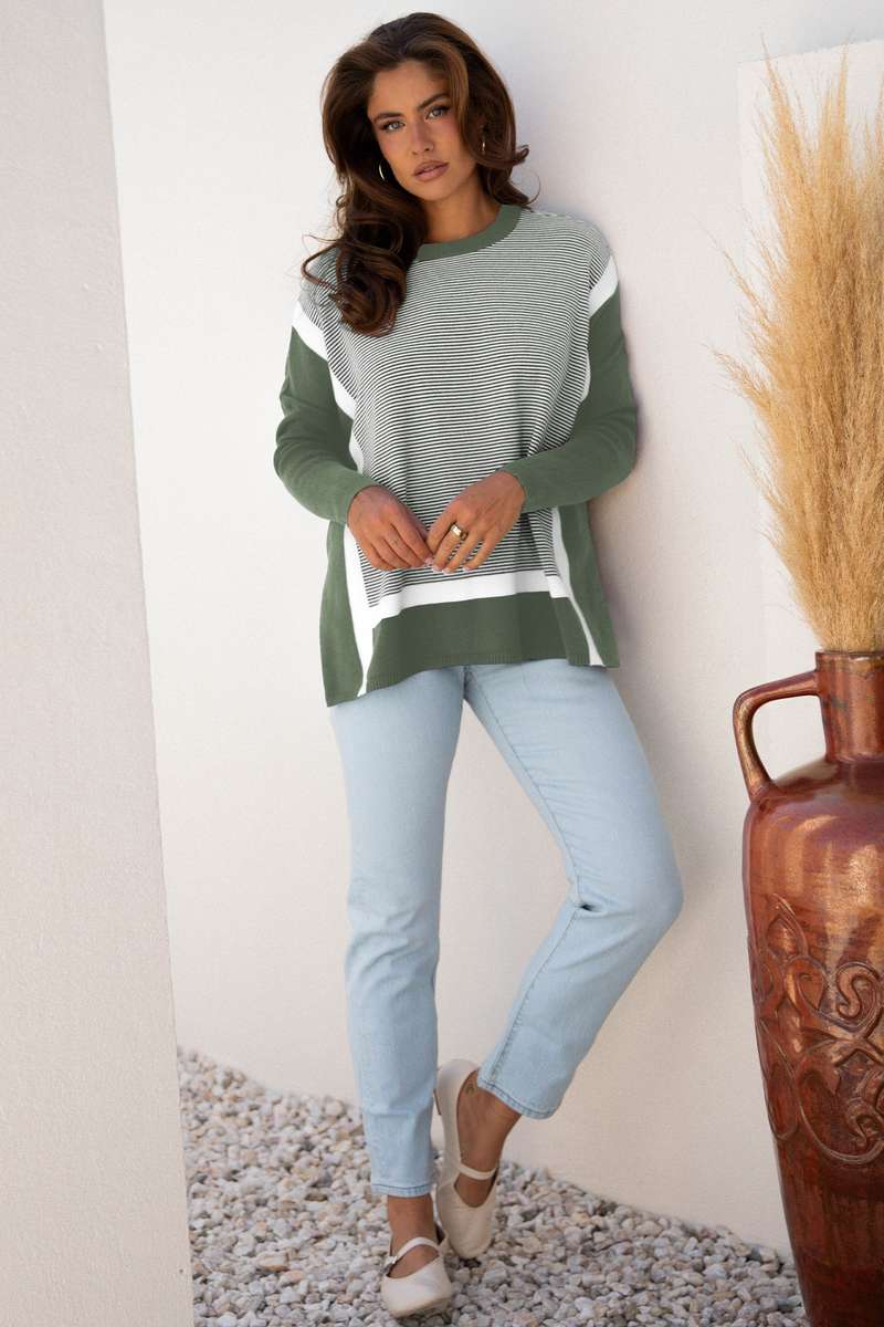 Green Stripe Color Block Patchwork Dolman Oversize Tunic Sweater