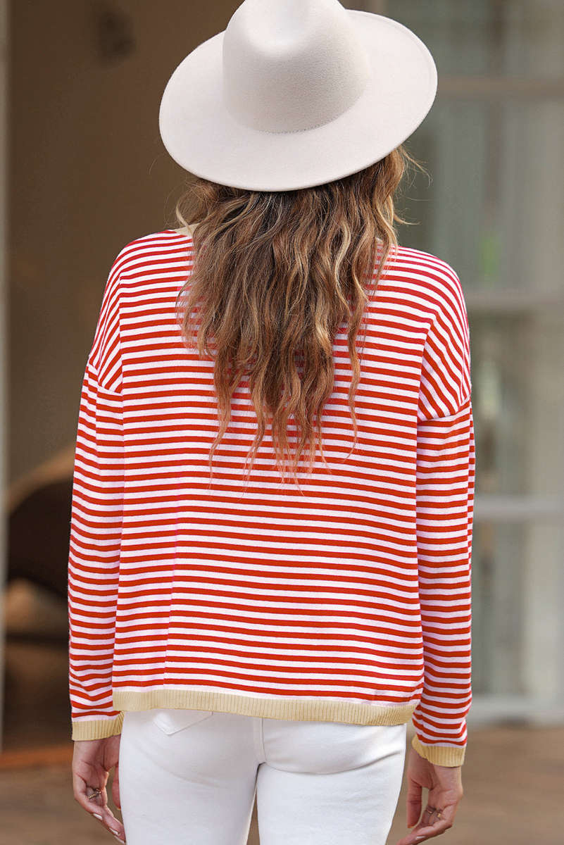 Fiery Red Striped Contrast Trimmed Drop Shoulder Sweater