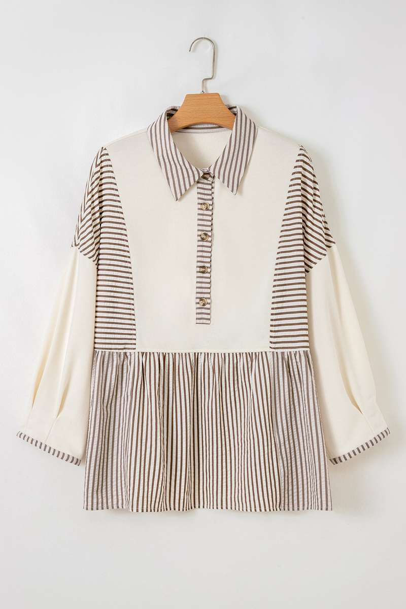 Khaki Stripe Plus Size Color Block Patchwork Half Button Long Sleeve Peplum Blouse