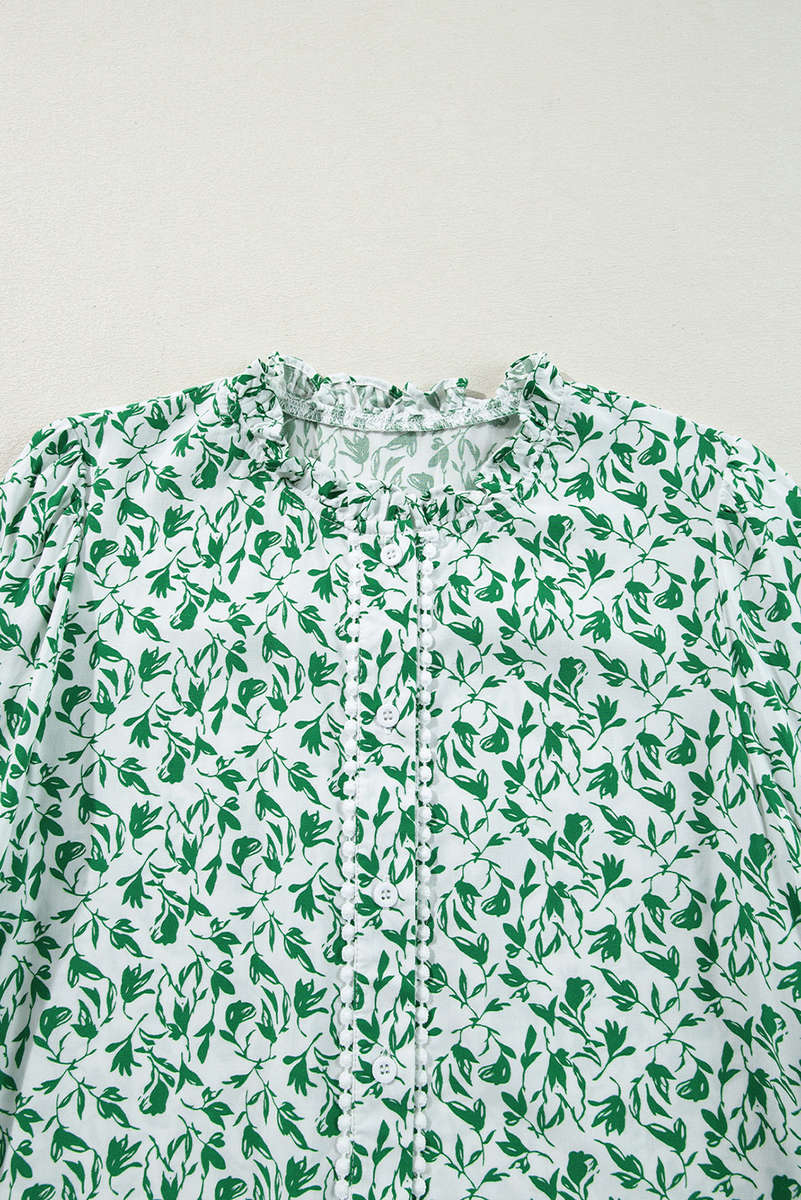 Green Printed Lace Detail Floral Puff Sleeve Fall Shirt