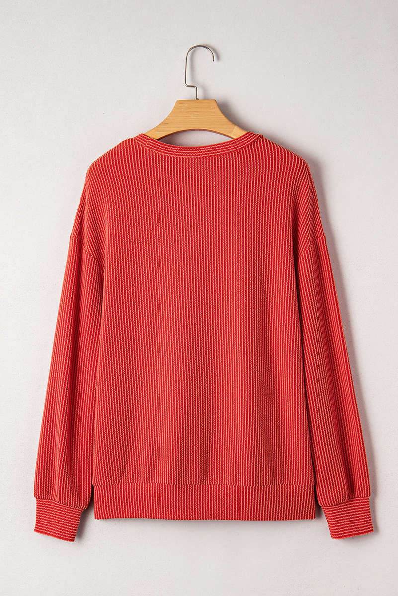 Fiery Red Twisted Rib Outlined Merry Letter Graphic Loose Long Sleeve Top
