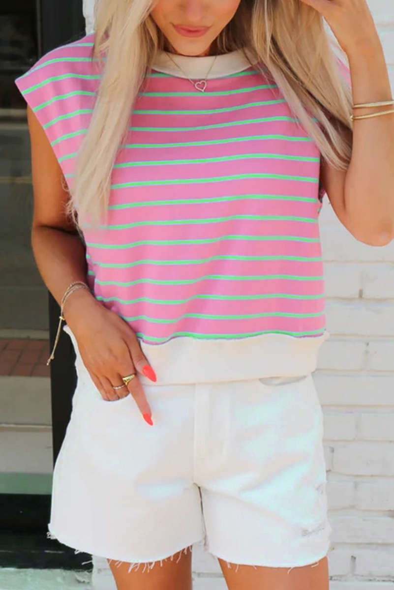 Sachet Pink Striped Crew Neck Cap Sleeve T Shirt