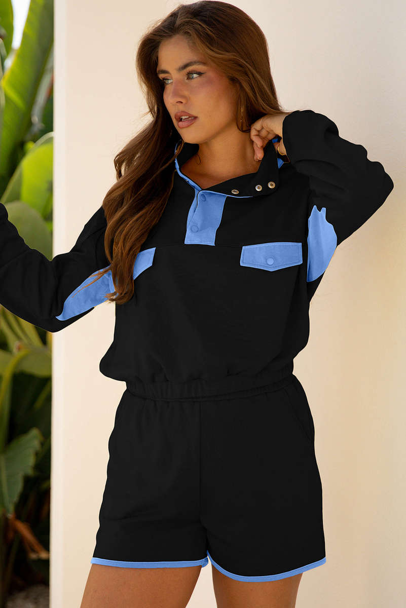 Black Color Block Patchwork Half Button Pullover and Shorts 2pcs Outfit