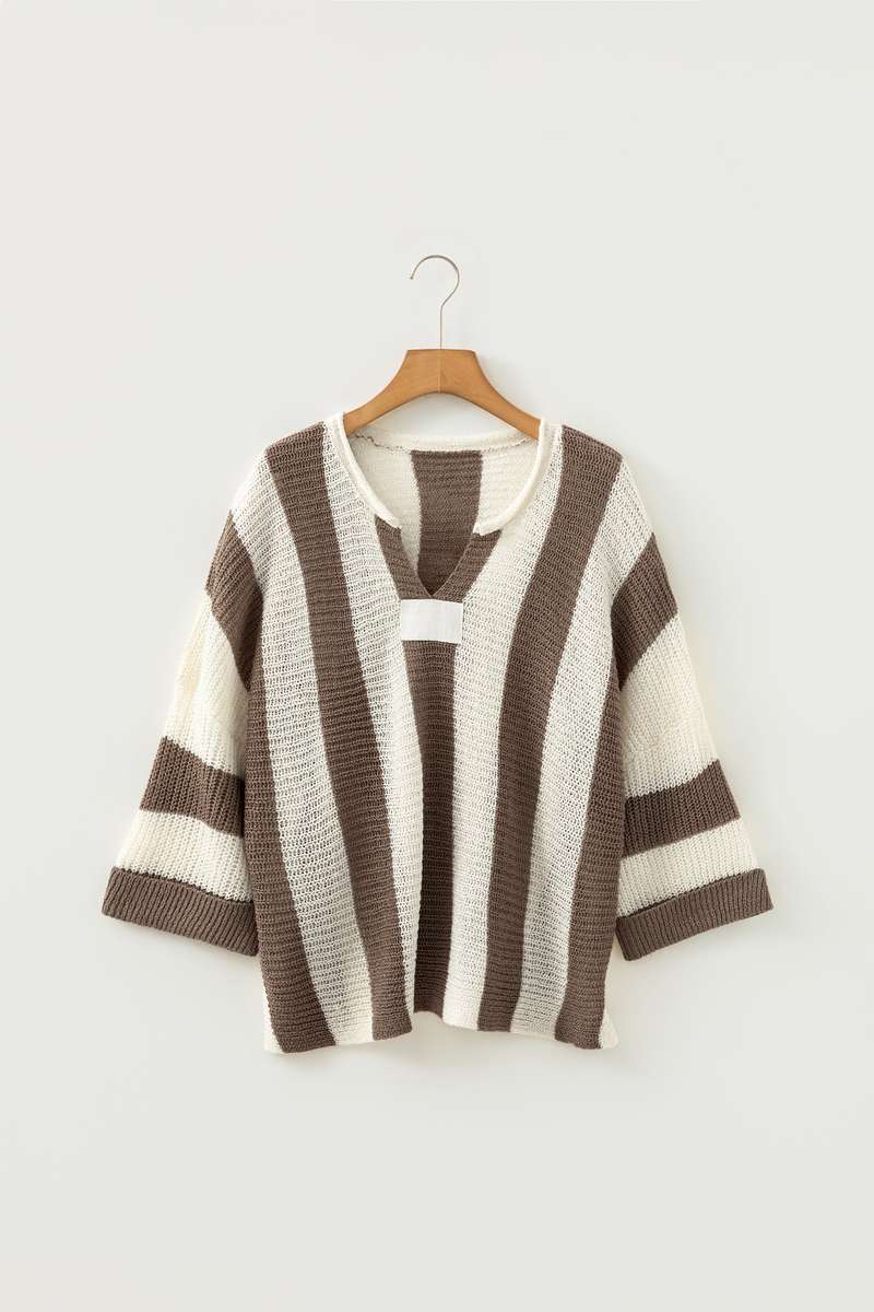 Brown Stripe Colorblock V Neck Bracelet Sleeve Sweater