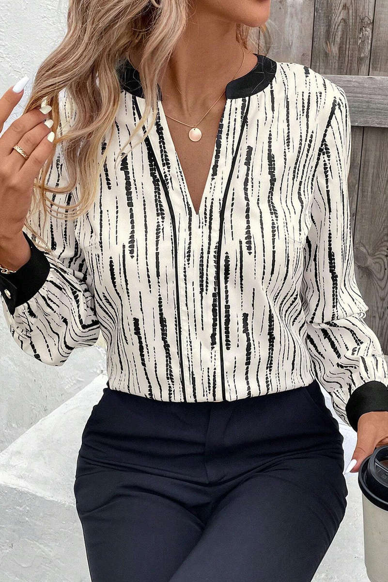 White Abstract Printed V Neck Fall Blouse
