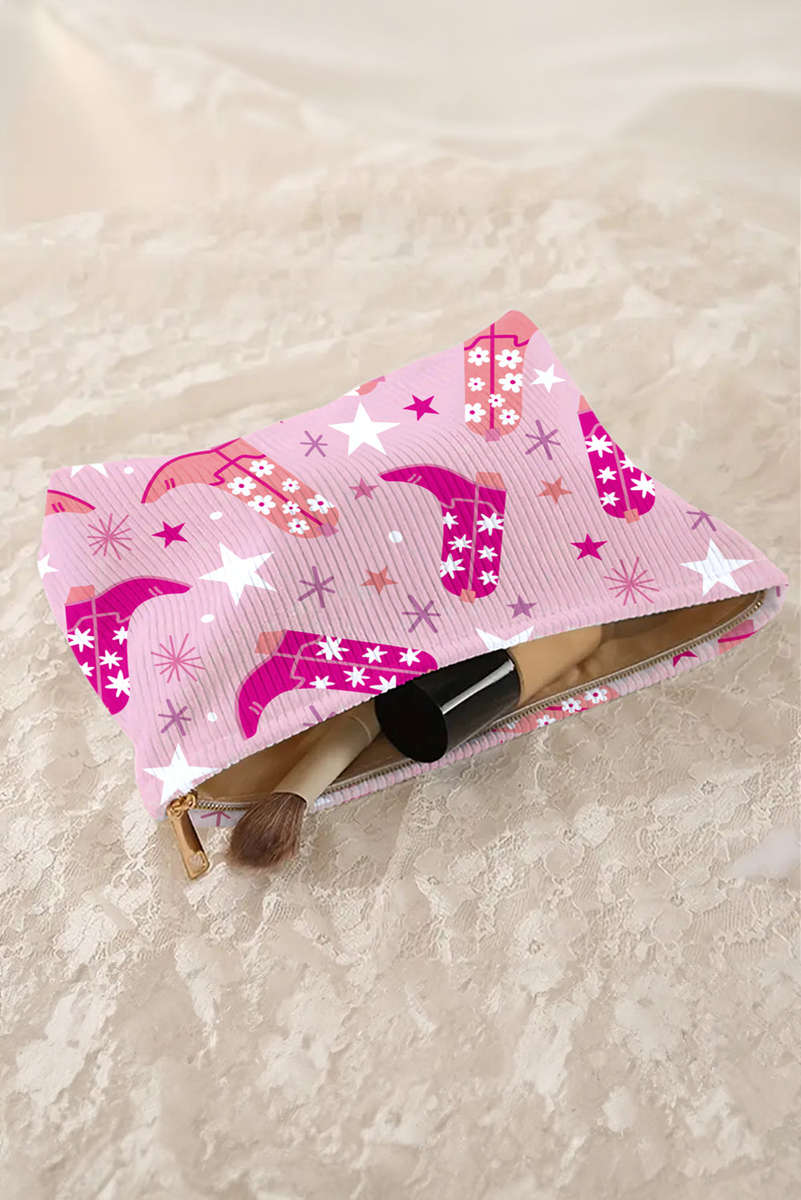 Pink Western Cowboy Boots Star Print Large Makeup Bag
