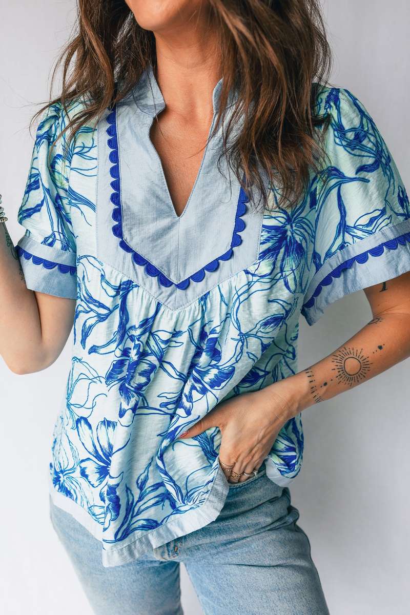 Sky Blue Ricrac Trim Slit V Neck Short Sleeve Floral Blouse