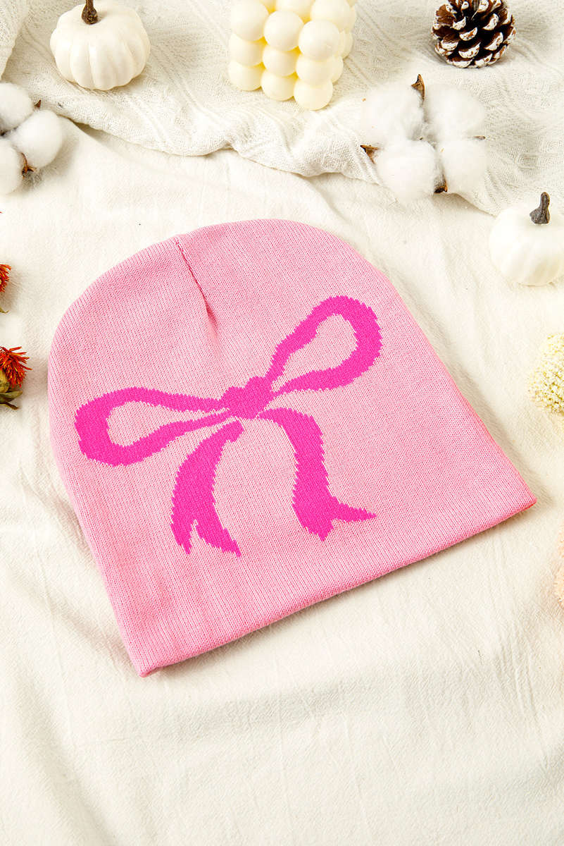 Pink Ribbon Bow Print Soft Knit Beanie