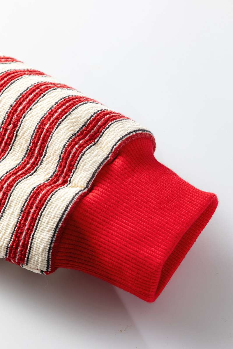 Racing Red Striped Print Contrast Collar Zip V Neck Long Sleeve Top