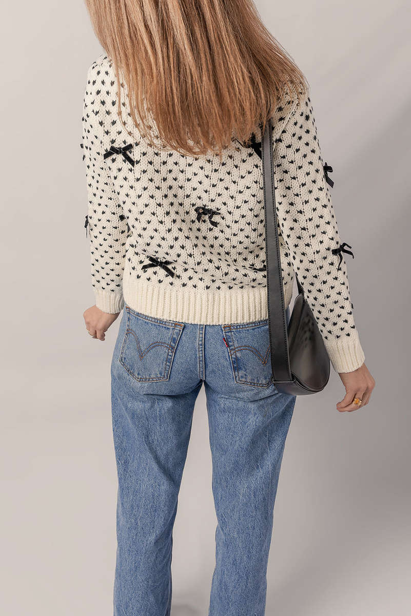 Beige Bow Decor Color Contrast Ribbed Edge Crew Neck Sweater