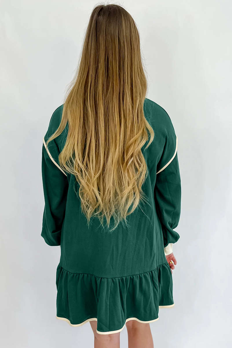 Evergreen Contrast Trim Zip Collar Long Sleeve Ruffle Hem Mini Dress