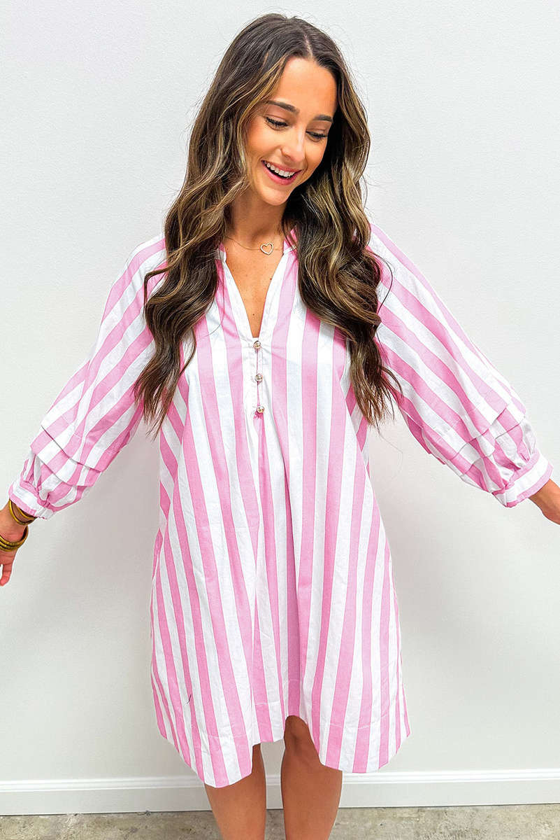 Rose Stripe Bracelet Sleeve Buttons Loose Mini Dress