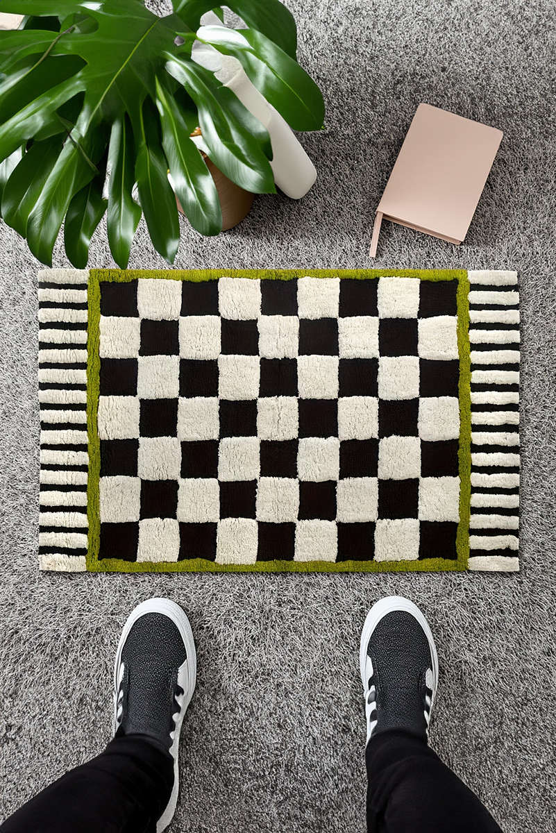 Spinach Green Square Trim Plush Checkered Striped Bath Rug