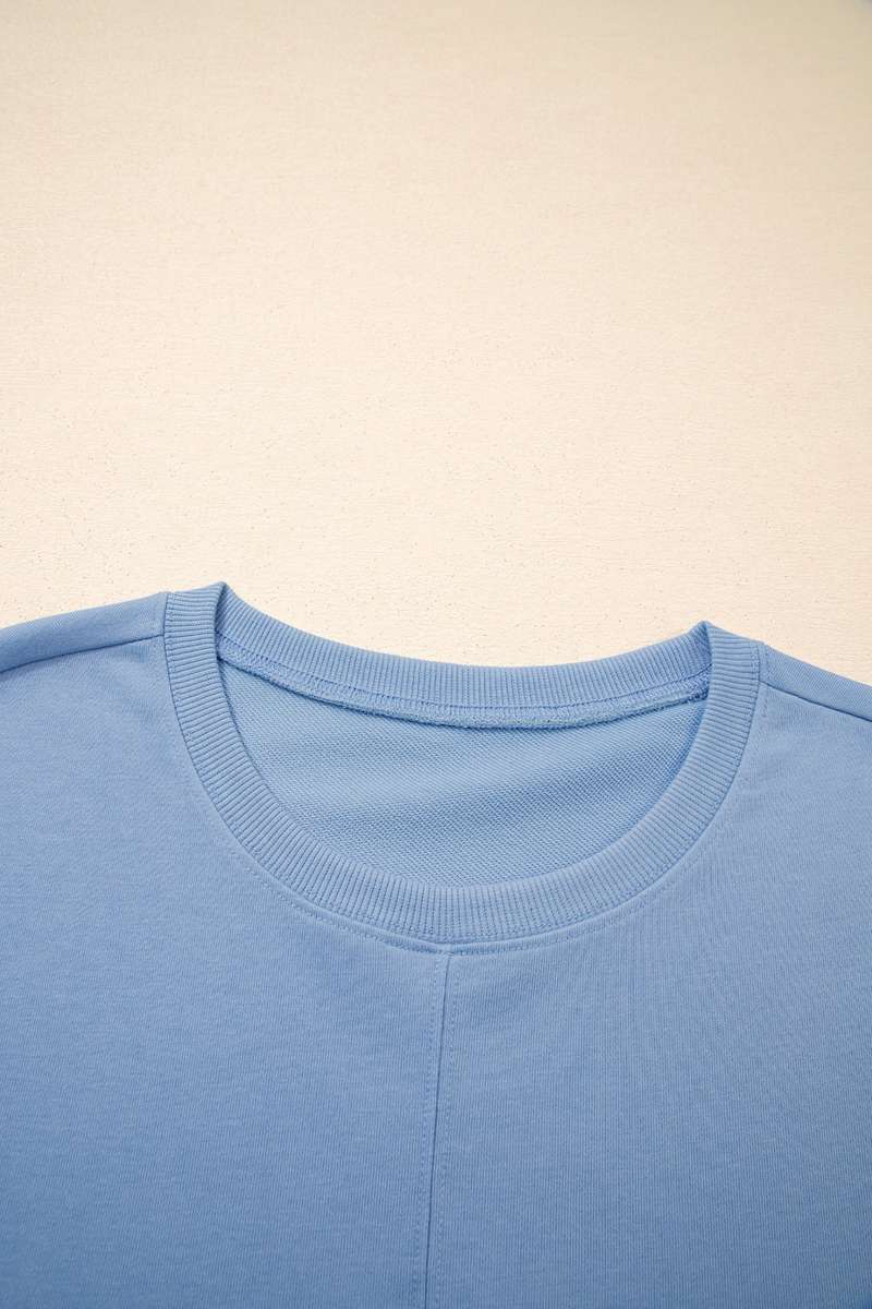 Sky Blue Solid Color Contrast Textured Patchwork Raw Edge 2pcs Short Set