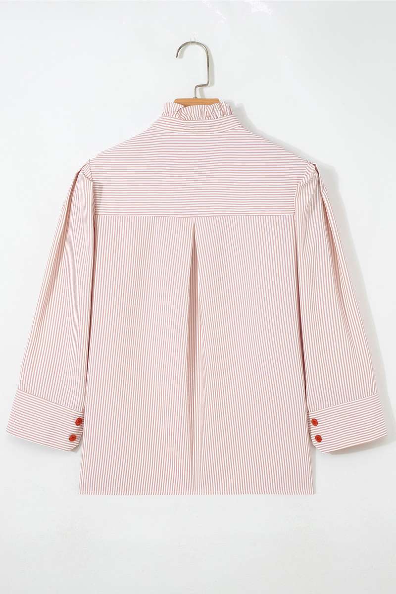 Khaki Stripe Color Block Patchwork Detail Frilled Collar Button Down Shirt
