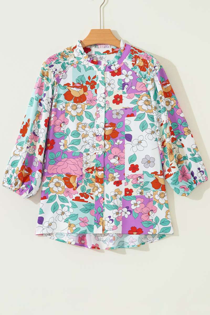 Pink Floral Print Patchwork Frilly Neckline Long Sleeve Shirt