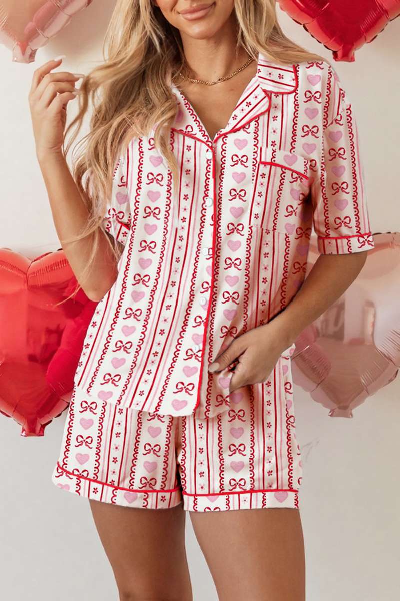 Red Cute Bow Heart Print Ribbon Decor Short 2pcs Pajama Set