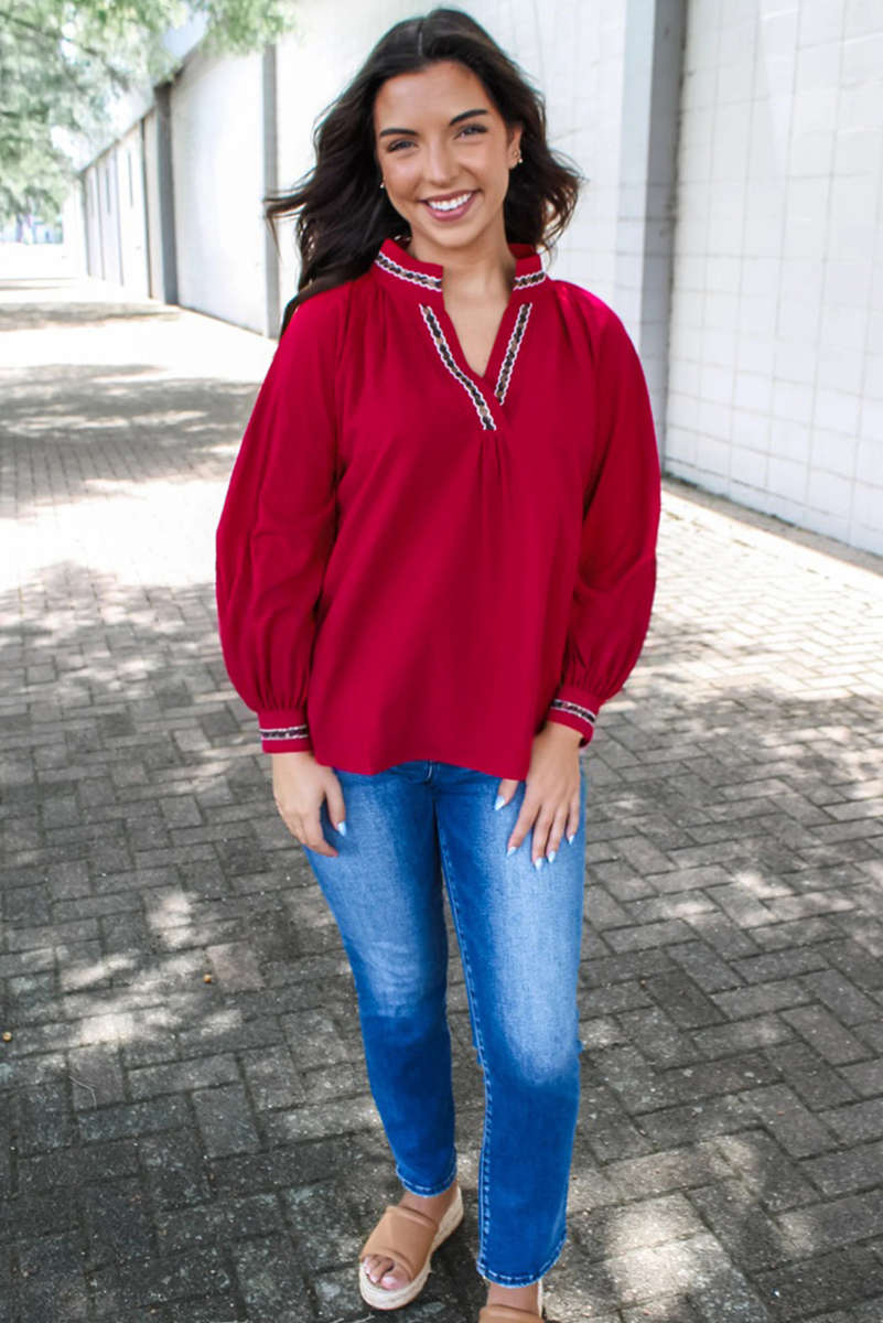 Racing Red Leopard Jacquard Print V Neck Textured Blouse