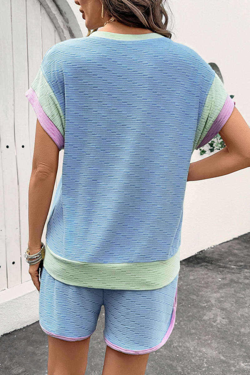 Beau Blue Corded Knit Contrast Trim Round Neck Cap Sleeve 2pcs Short Set