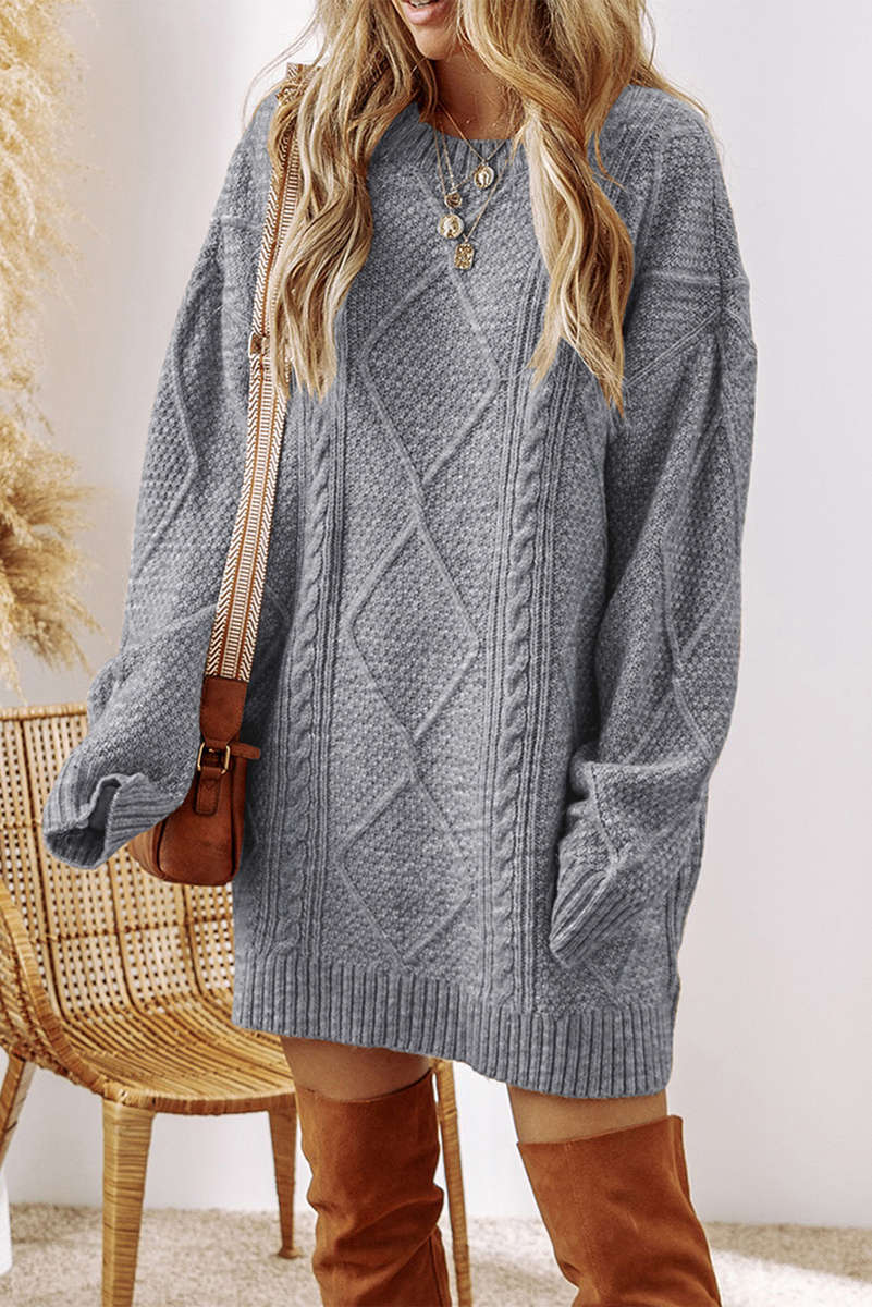 Gray Cable Knit Drop Shoulder Loose Fit Sweater Dress