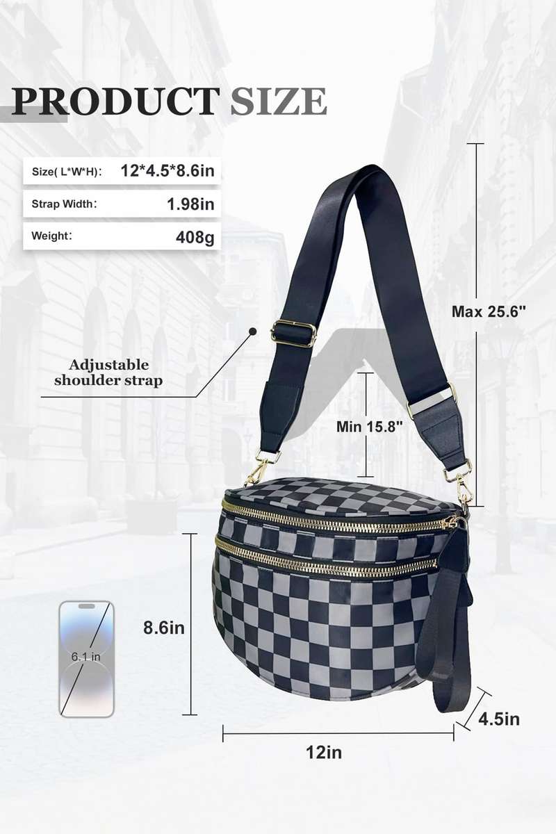 Dark Grey Checkered Print Wide Strap Large Crossbody Bag
